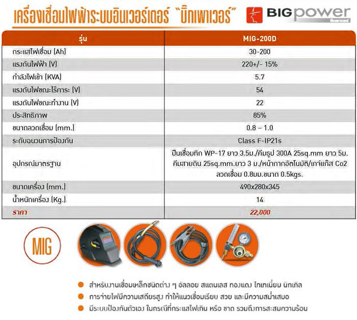 สเปคเครื่องเชื่อม MIG ระบบอินเวอร์ทเตอร์ 200 Amp. BIGPOWER รุ่น MIG-200D