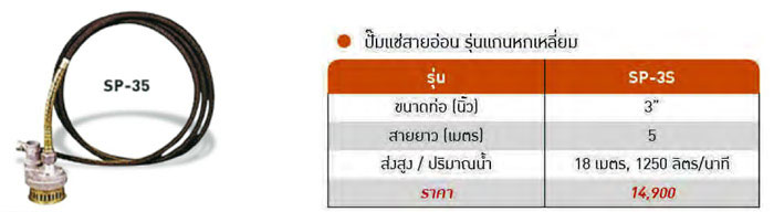 ปั๊มแช่สายอ่อน แกนหกเหลี่ยม ท่อ 3 นิ้ว 1250ลิตร/นาที 18 เมตร MIKAWA รุ่น SP-35