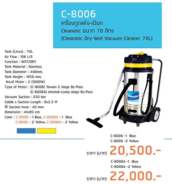 เครื่องดูดฝุ่นแห้ง-เปียก 70 ลิตร Cleanatic C-8006