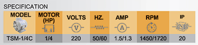 สเปคมอเตอร์ 220V Capacitor Start ขนาด 1/4 แรงม้า tsm-1/4c-spec