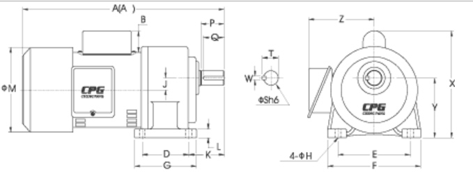 ขนาดมอเตอร์เกียร์ 1/8 แรงม้า 220V. / 1 เฟส แบบตั้งพื้น รุ่น CH-S