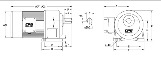 ขนาดมอเตอร์เกียร์ 1/8 แรงม้า 380V. / 3 เฟส แบบตั้งพื้น รุ่น CH-S Low ratio