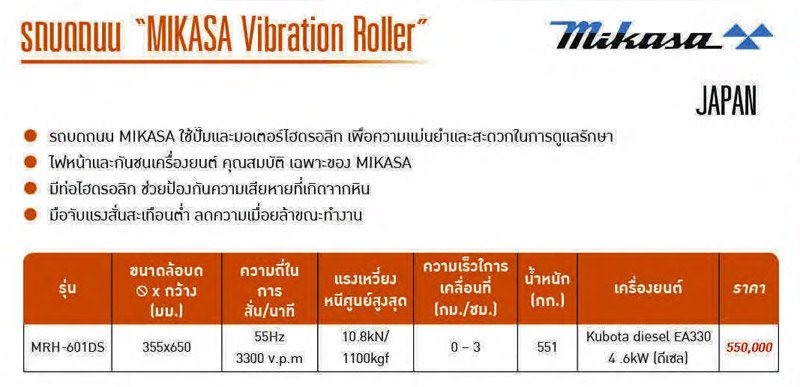 สเปค รถบดถนน ระบบไฮโดรลิค เครื่องดีเซล MIKASA รุ่น MRH-601DS Japan-spec