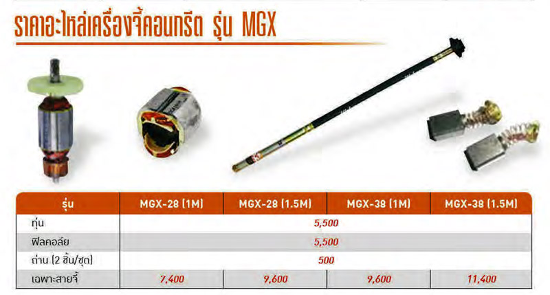 อะไหล่เครื่องจี้คอนกรีตมือถือ หัวจี้ 28, 38 มม. 1/3HP MIKASA รุ่น MGX-  Japan