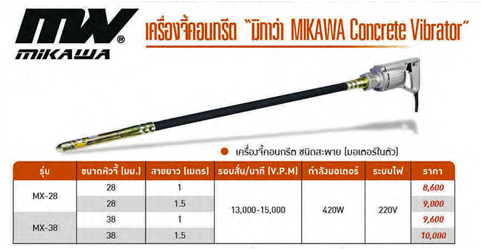 เครื่องจี้คอนกรีตมือถือ หัวจี้ 28, 38 มม. MIKAWA รุ่น MX-28, MX-38